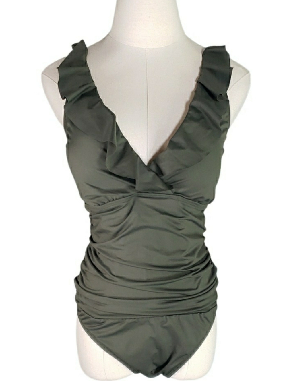Lauren Ralph Lauren Ruffled Surplice Neckline New 14 Olive Green One Piece Swim